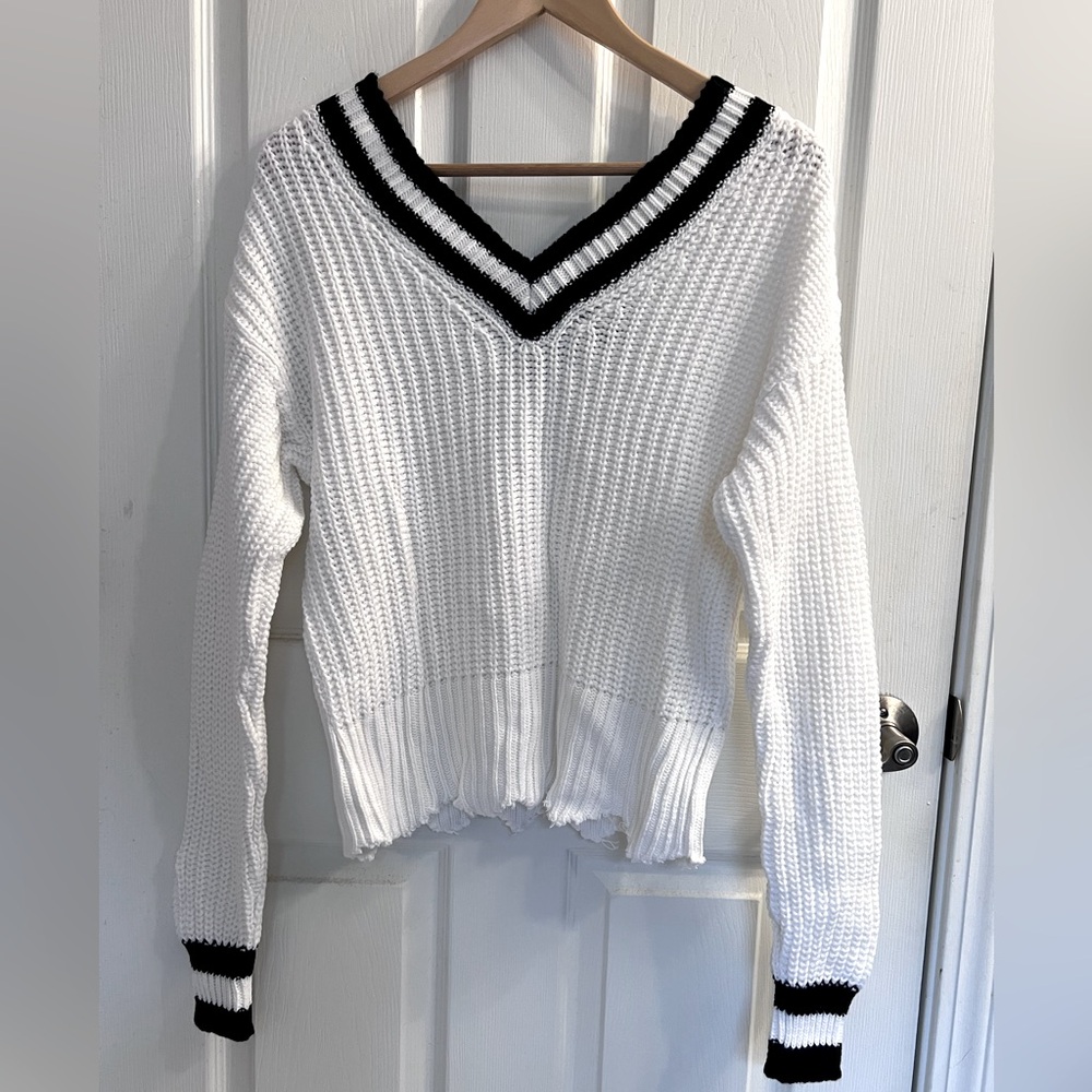 White Vneck Sweater with Black Trim